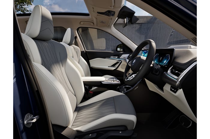 BMW iX LWB white interior upholstery front seats