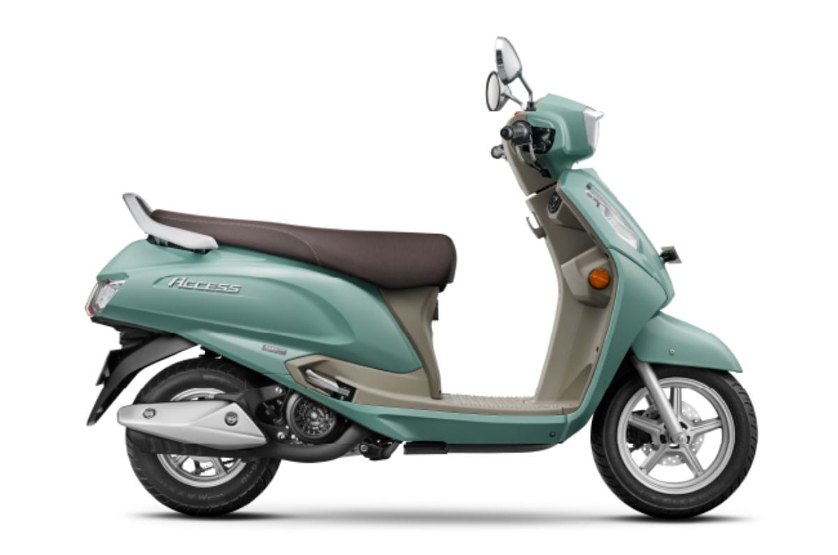 Suzuki Access green colour right side profile static in studio