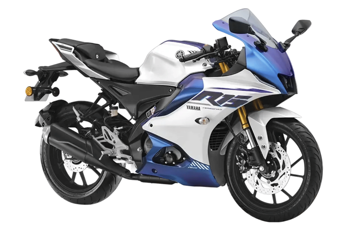 Yamaha R15 V4 white/blue front right side static in studio