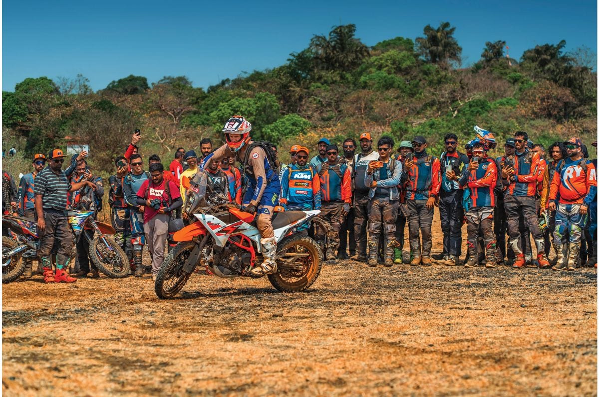 Chris Brich instructing entrants during the KTM Adventure Rally aboard a KTM 390 Adventure R