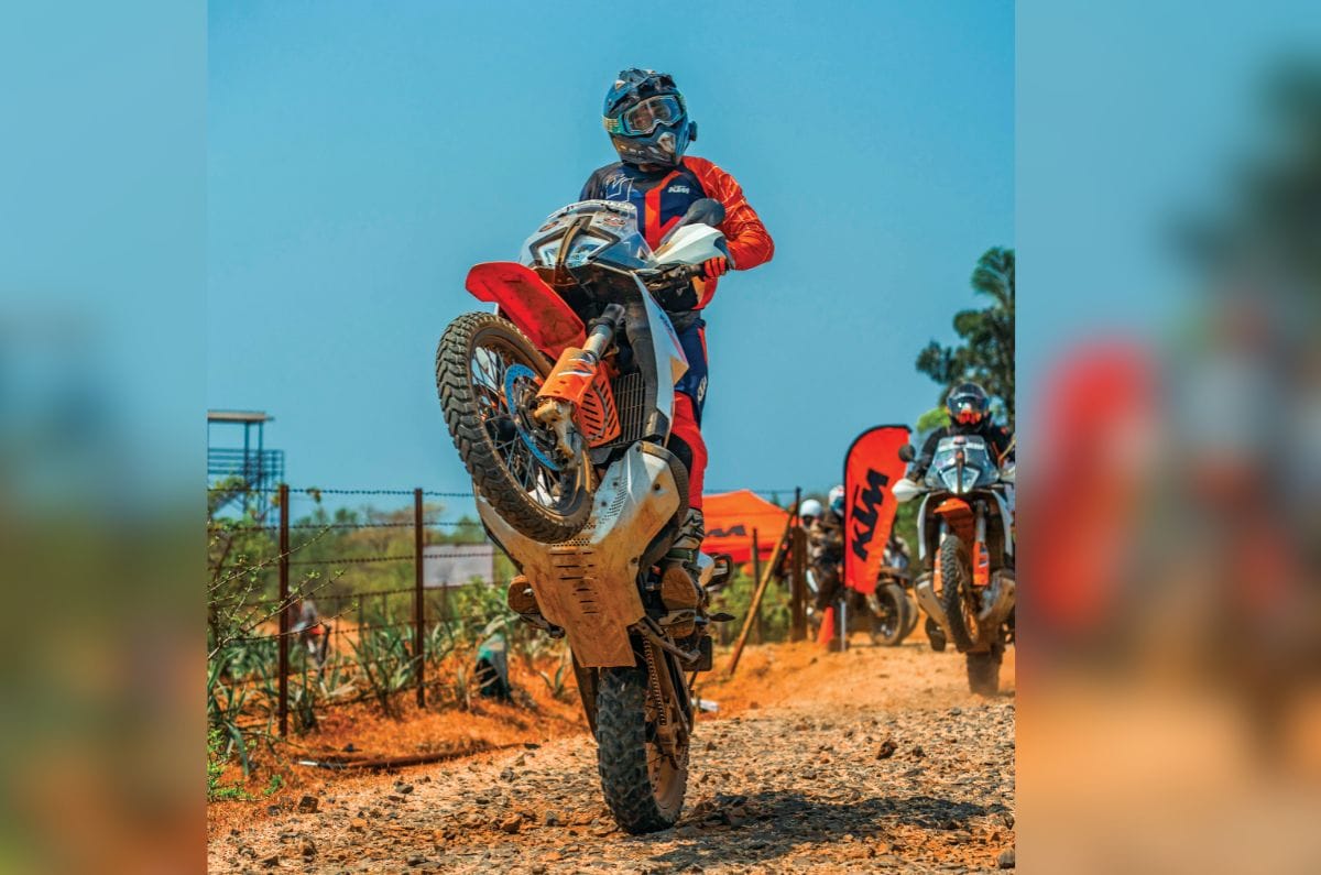 KTM 890 Adventure R off road wheelie shot front left angle