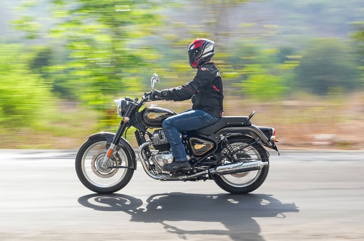 Royal Enfield Bullet 650 left side profile riding shot on road