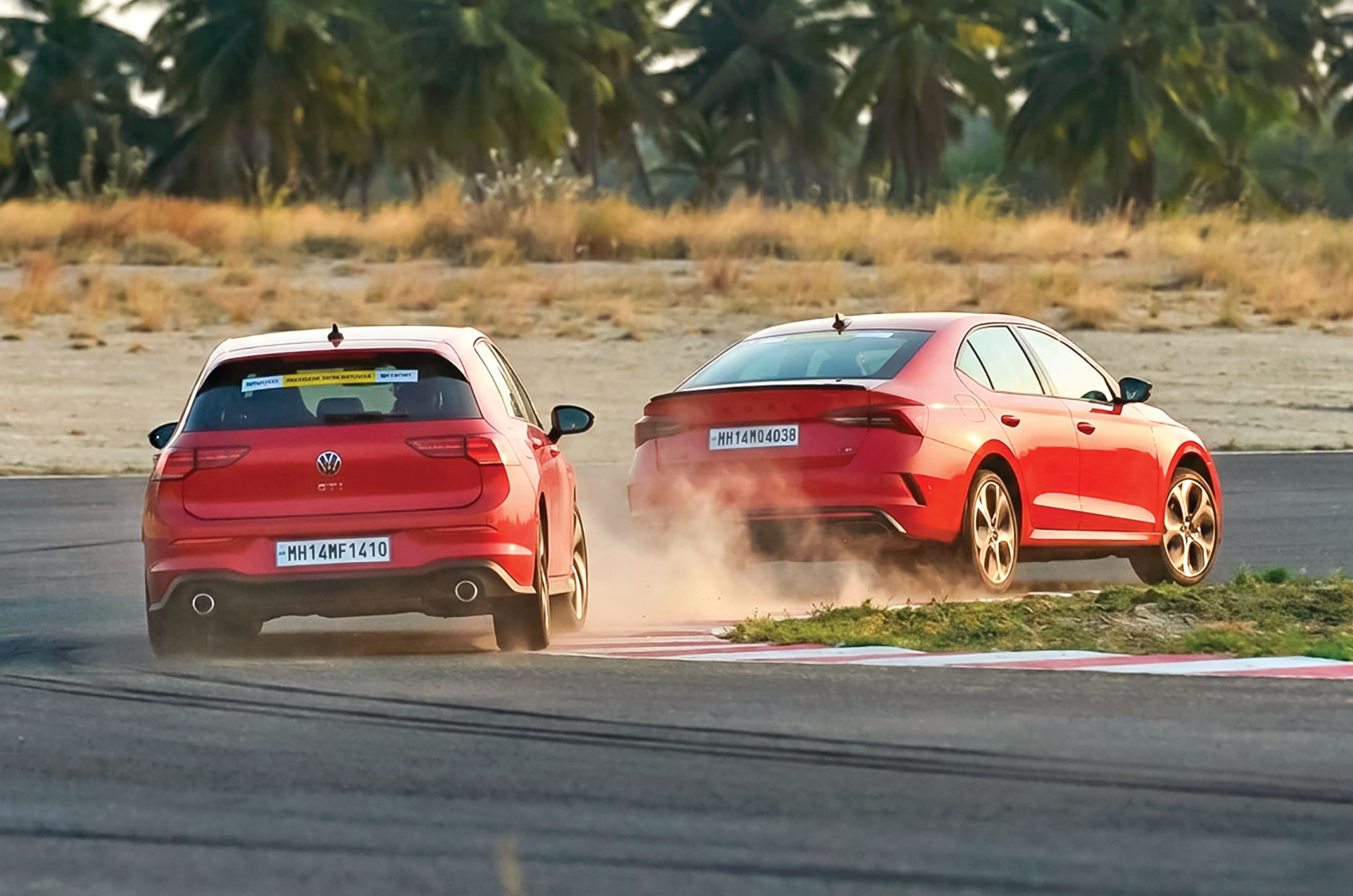 Skoda Octavia RS and Volkswagen Golf GTI on track