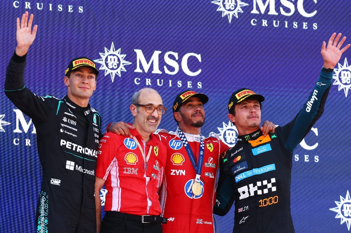 2026 F1 Barcelona GP podium George Russell Lewis Hamilton Lando Norris