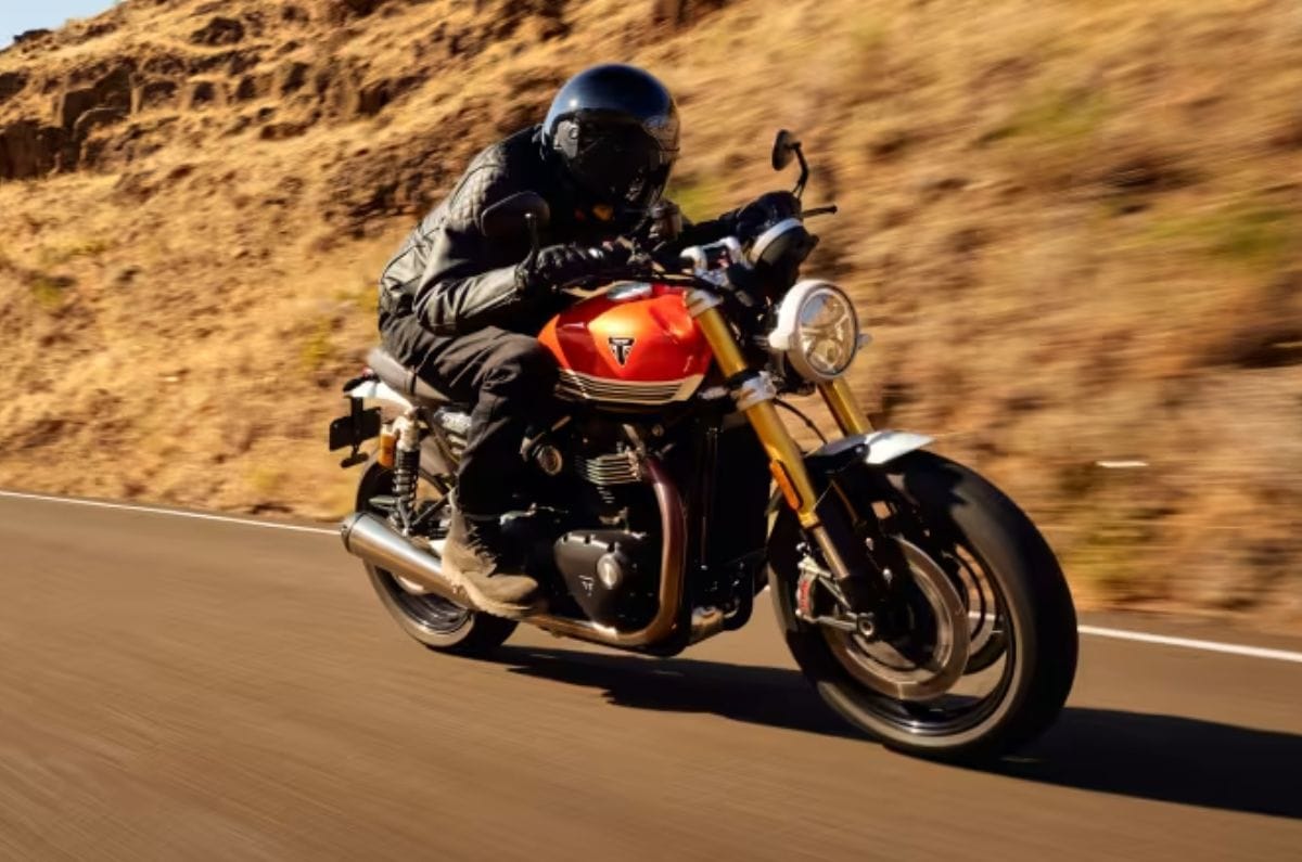 Triumph Speed Twin 1200 RS front right side riding shot on road