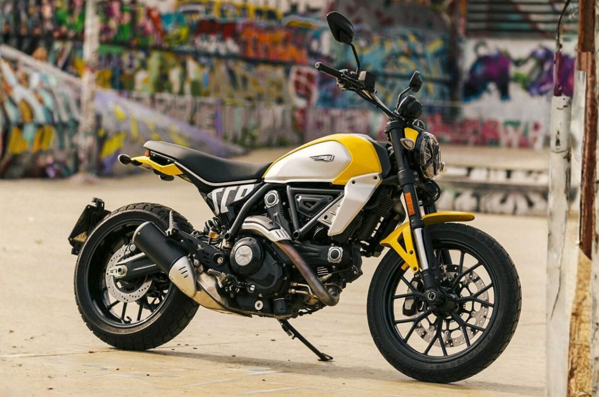 Ducati Scrambler front right side static in town centre