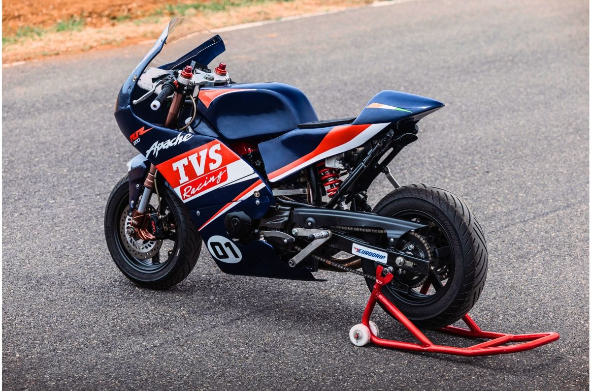 TVS Apache RR 200 race bike rear left three quarter angle on track
