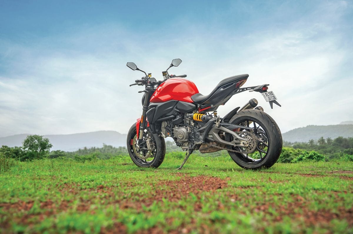 An outside shot of Ducati Monster V2 showing the rear left