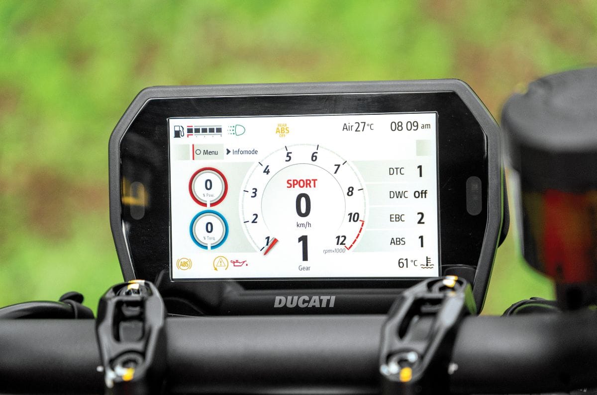 A close up shot of the Ducati Monster V2's 5-inch TFT instrument cluster
