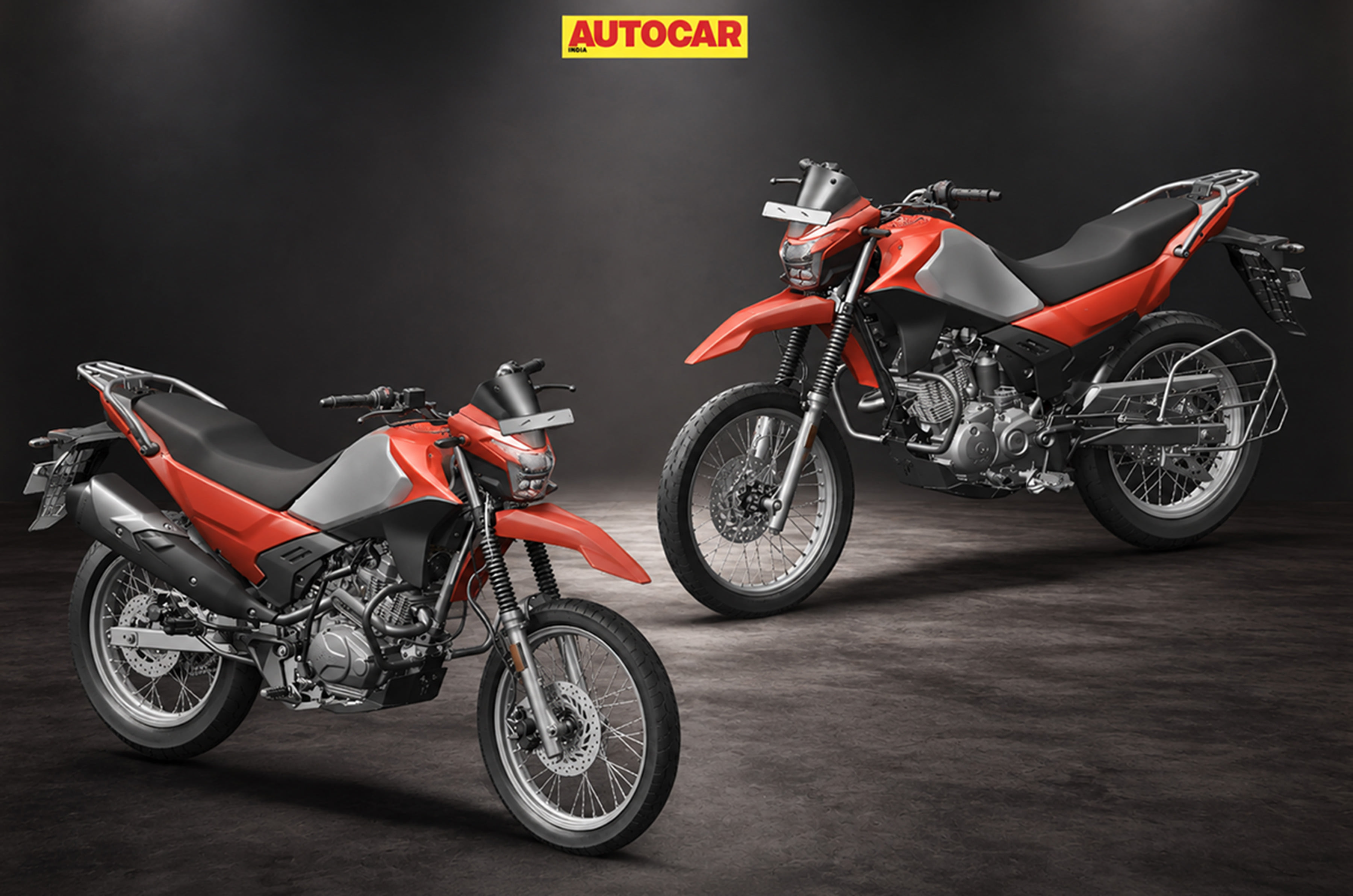 An inside render showing Hero's patent for the upcoming 160cc dual sport showing front right and left quarters in colour.