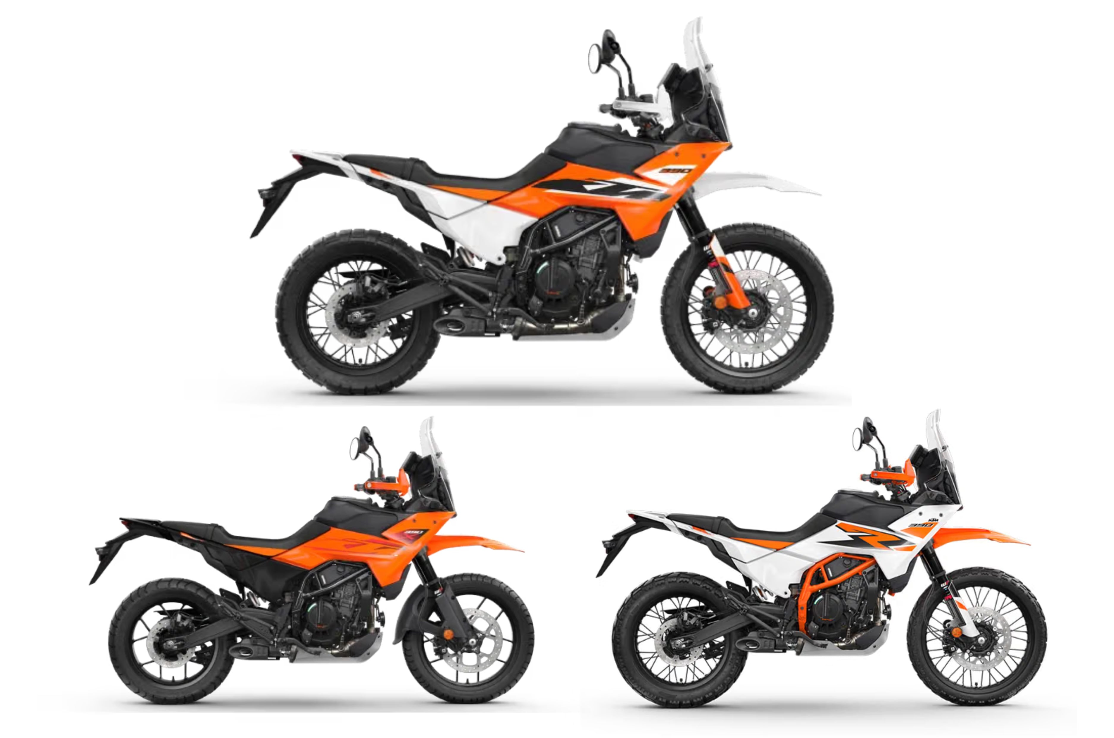 Inside render showing the KTM 390 Adventure S, R, and X in clockwise direction