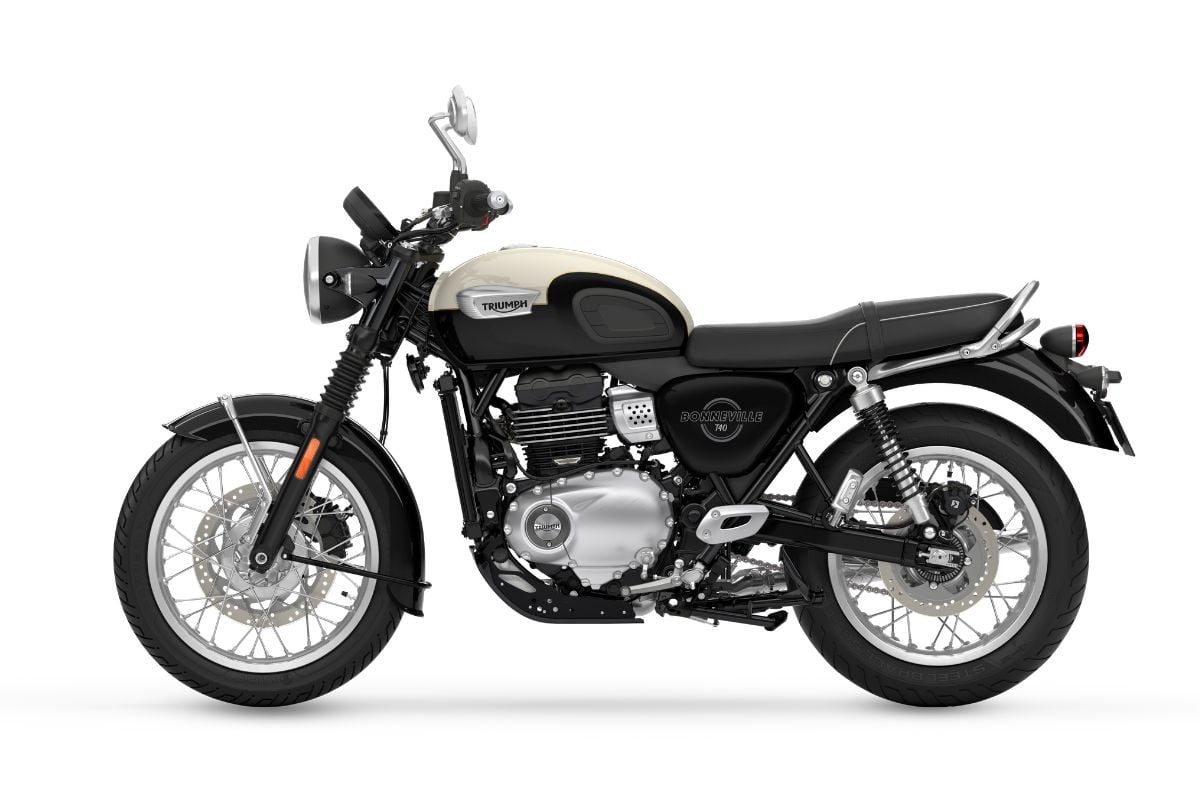 Triumph Bonneville T40 black and white colour left profile static in studio