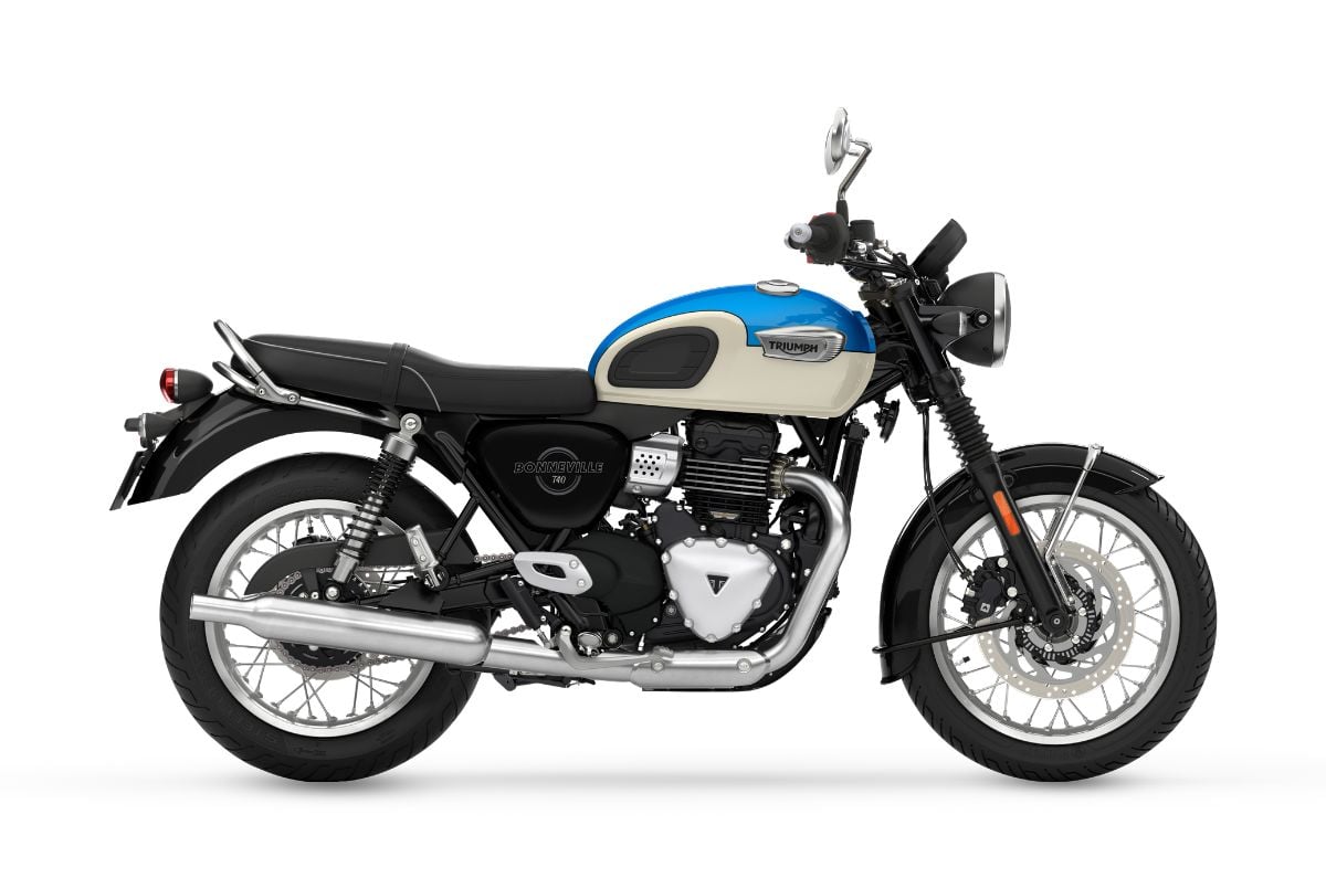 Triumph Bonneville T40 white and blue right side profile static in studio