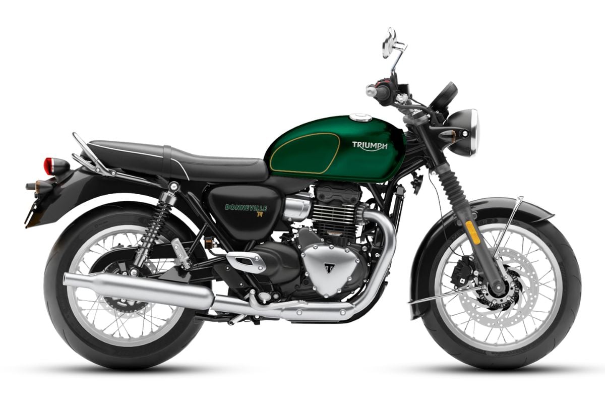 Triumph Bonneville T4 green right side profile static in studio