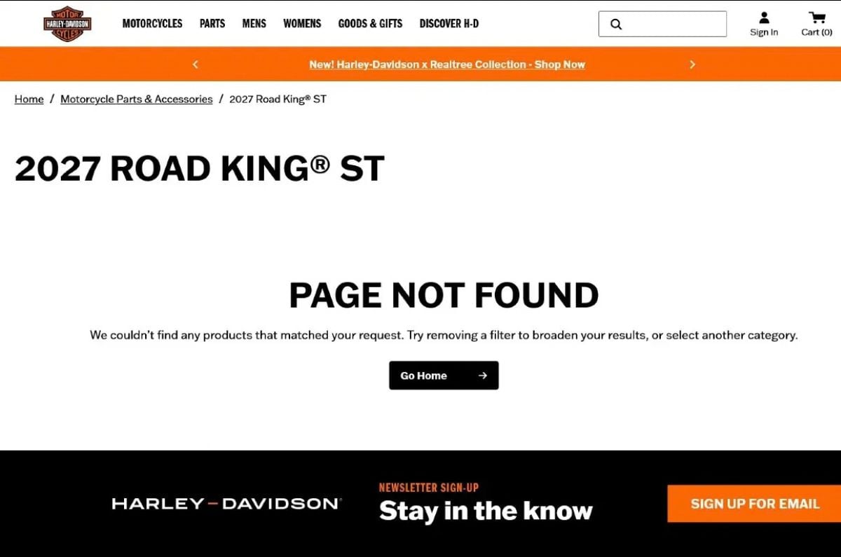 Harley-Davidson's accessory page for the 2027 Road King ST (since taken down).