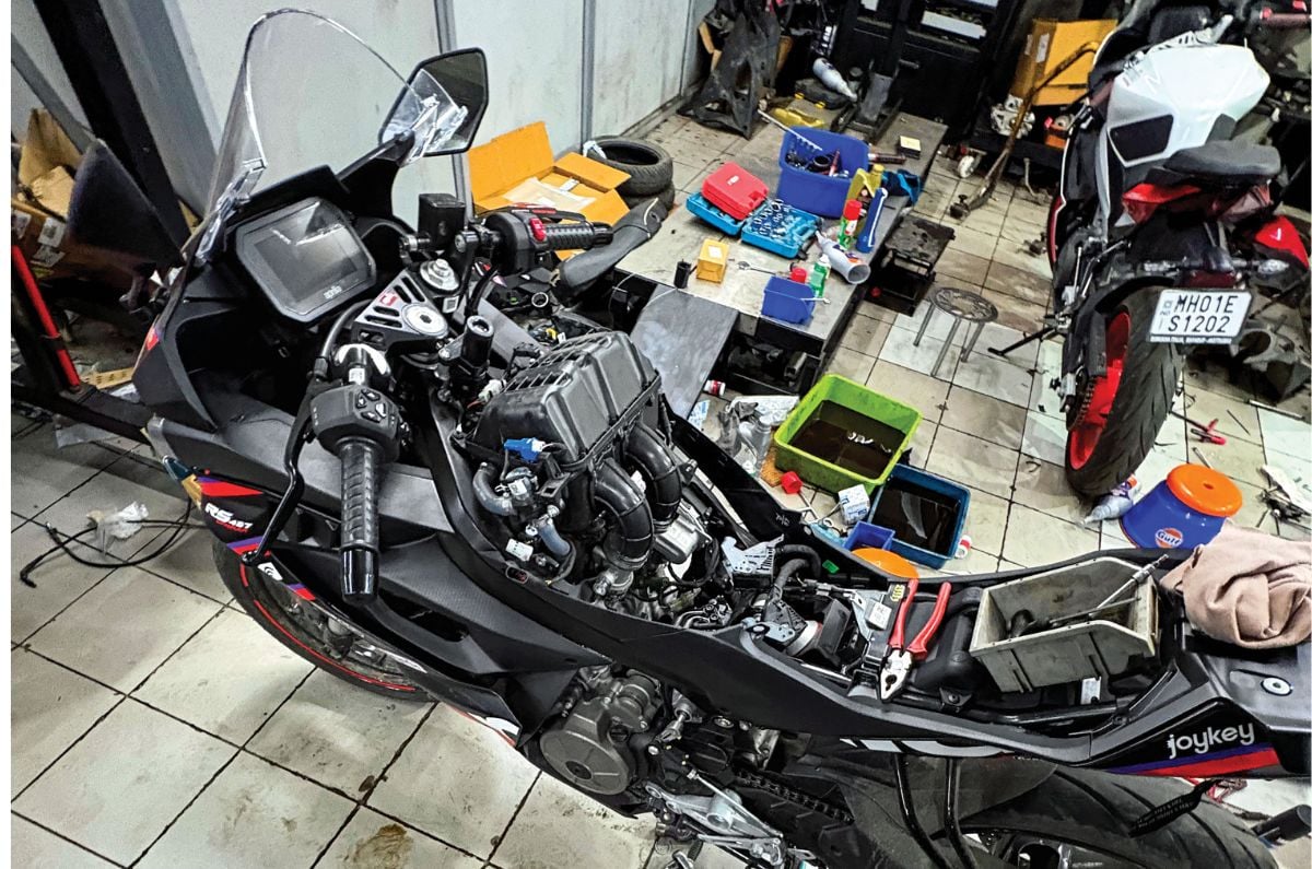 Aprilia RS 457 GP replica undergoing service at an authorised dealer