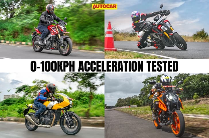 Grid collage of KTM 390 Duke, Thruxton 400, Apache RTR 310, and Pulsar NS400Z