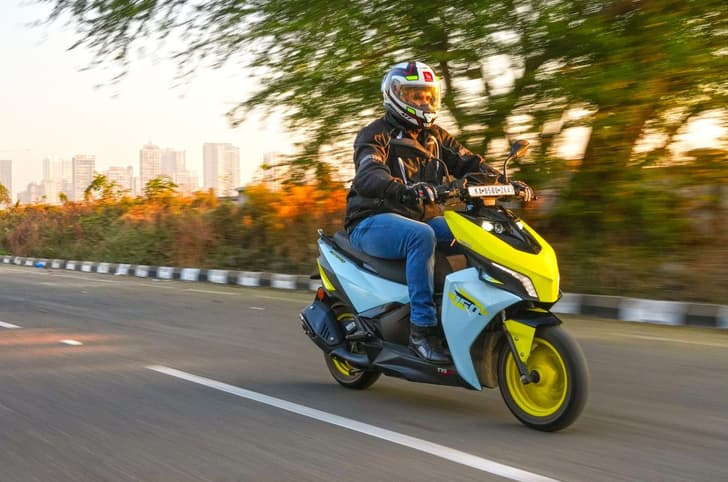 TVS Ntorq 150 tracking front three fourth profile shot
