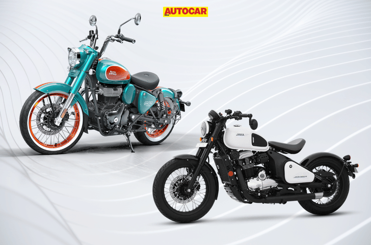 Collage of RE Goan Classic 350 and Jawa 42 Bobber side by side