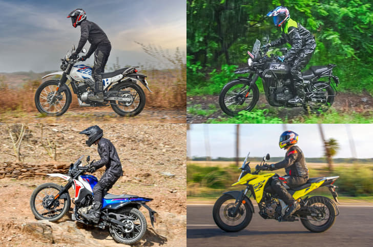Collage of Hero Xpulse 210, Xpulse 200 4V, Suzuki V-Strom SX, and Yezdi Adventure