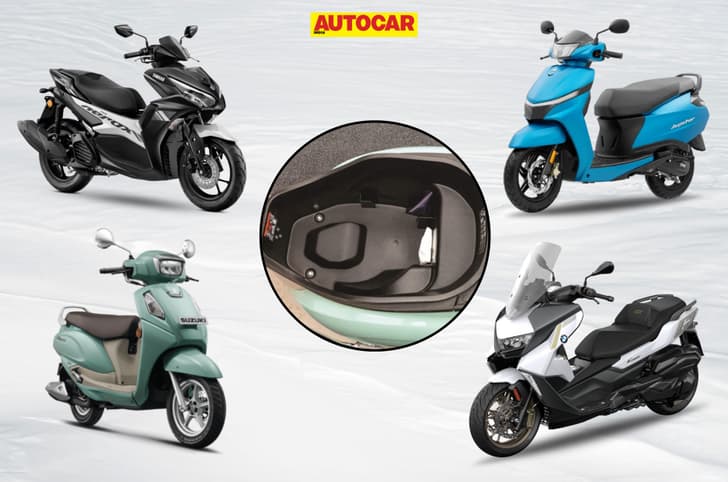 Collage of the different scooters on this list with a close up of the Access 125 boot in the middle