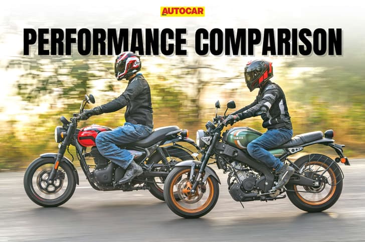 Yamaha XSR 155 vs Royal Enfield Hunter 350 panning shot from left side.