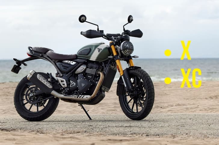 Triumph Scrambler 400 X front right side static on beach