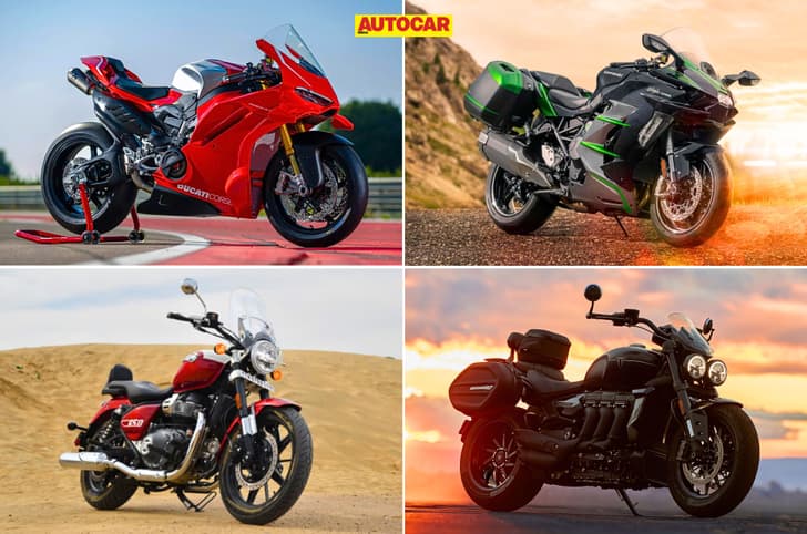 Collage of Panigale V4 R, Ninja H2 SX SE, Super Meteor 650, and Rocket 3 Storm GT