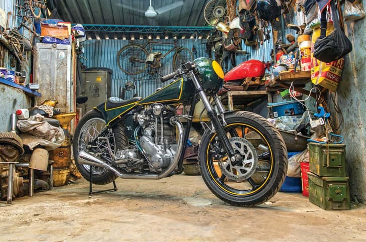 Triumph 3HW custom inside Garage Built Motorcycles workshop