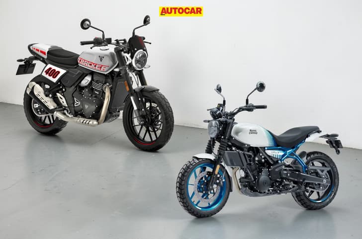Triumph Tracker 400 vs Royal Enfield Guerrilla 450 collage
