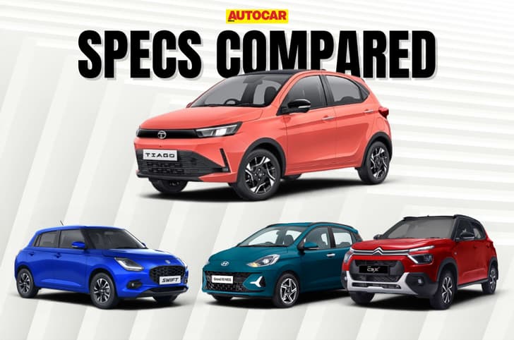 2026 Tata Tiago vs rivals: Price, specifications compared 2026 Tata Tiago, Maruti Swift, Hyundai Grand i10 Nios, Citroen C3 front quarter static