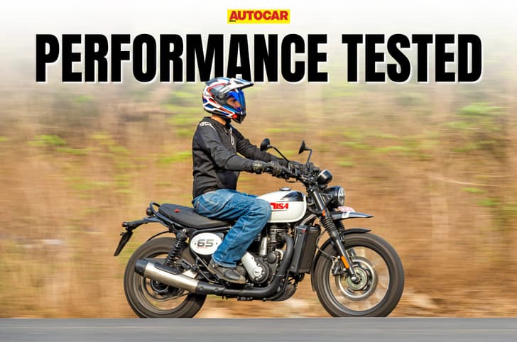 BSA Scrambler 650 panning shot with performance tested text above
