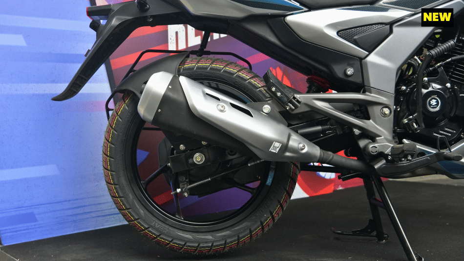 Right close up of the new Pulsar 125's rear wheel showing the suspension