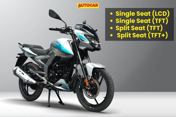 Front right quarter studio image of the Bajaj Pulsar 125 in Dark Silver + Aqua Blue colour