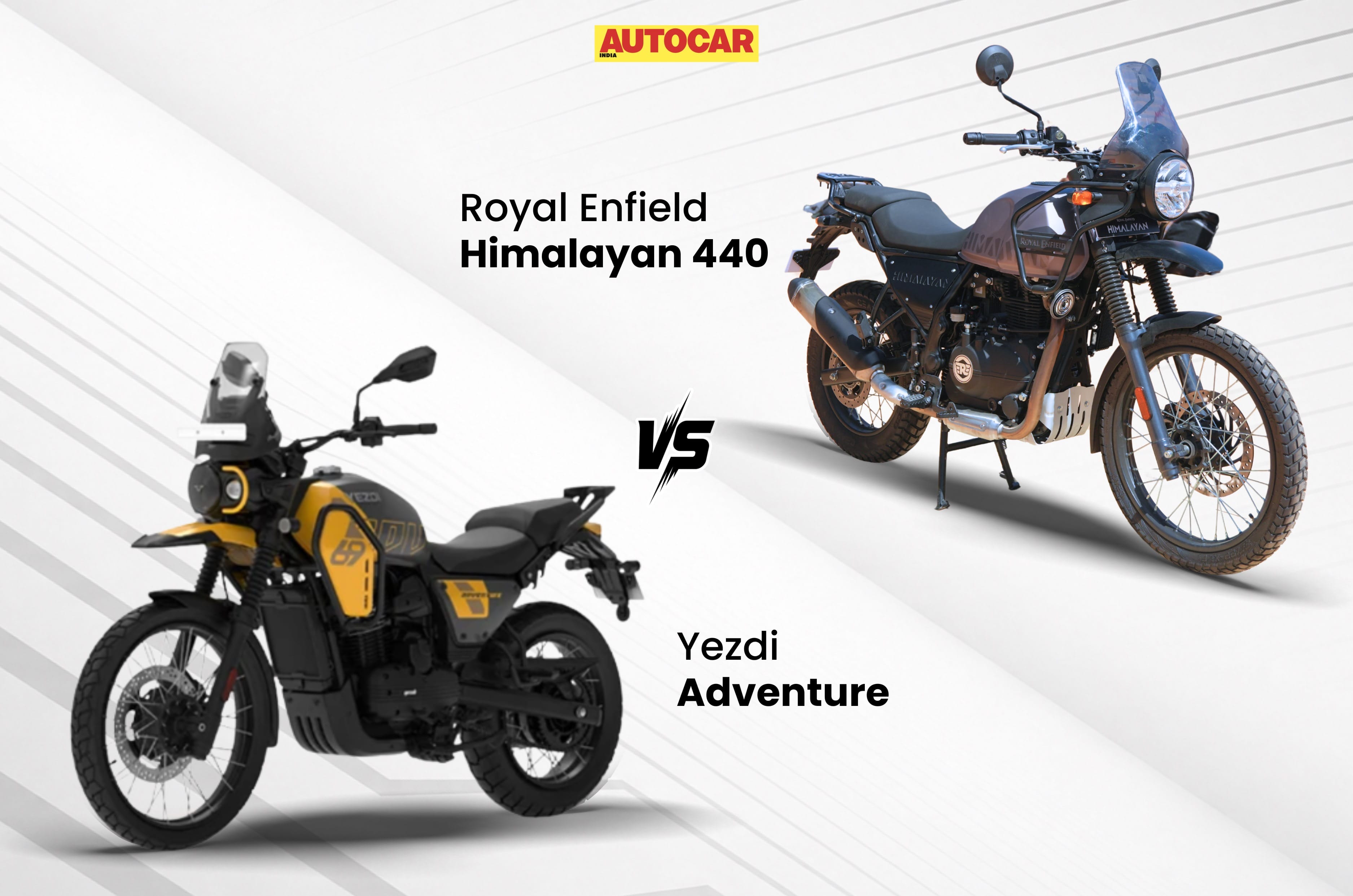 Image showing the Royal Enfield Himalayan 440 in Mustang Brown colour and the Yezdi Adventure in Yellow Falcon colour.