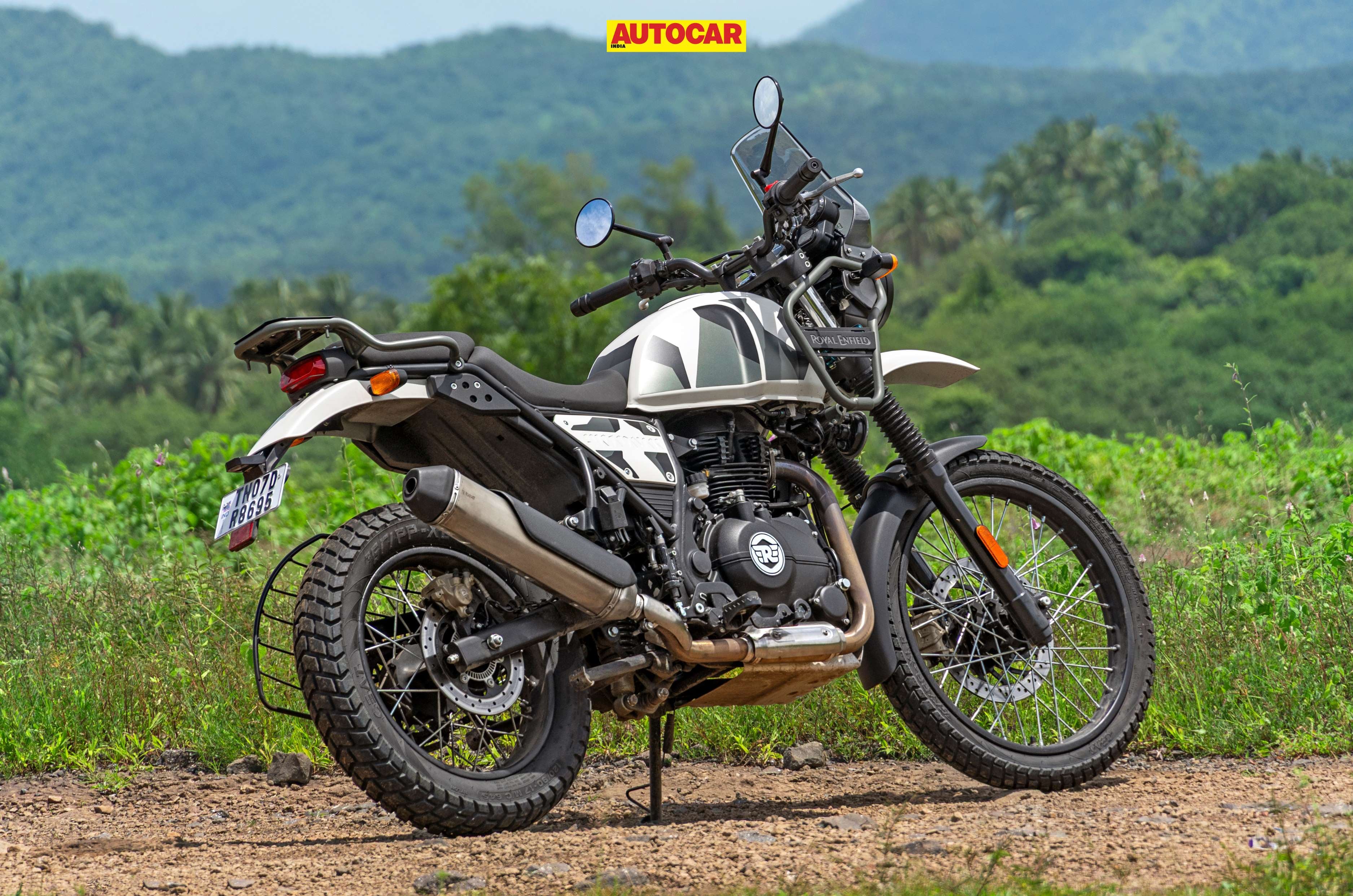 An outside shot showing the Royal Enfield Himalayan 440's rear right quarter.