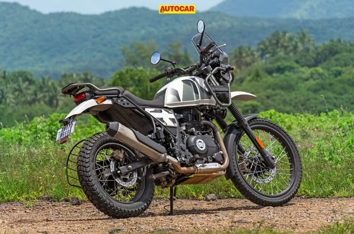 An outside shot showing the Royal Enfield Himalayan 440's rear right quarter.