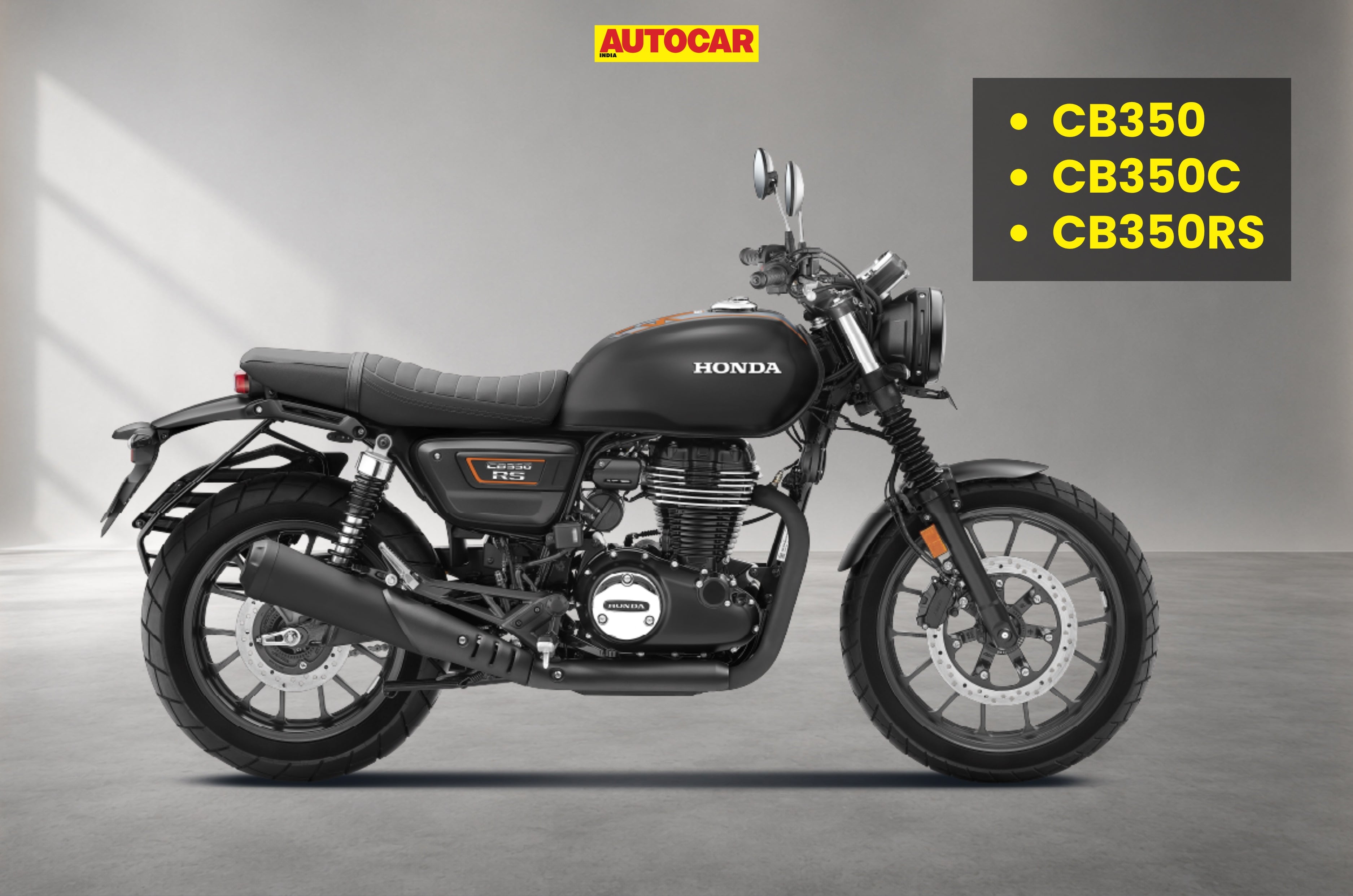 Inside render showing the CB350RS in Pearl Igenous Black colour, along with a list of the variants: CB350, CB350C, and CB350RS