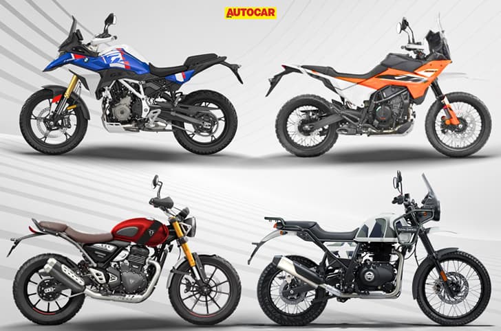 An edited lead image showing the BMW F 450 GS, KTM 390 Adventure S, Royal Enfield Himalayan 440, and Triumph Scrambler 400 X in clockwise direction.