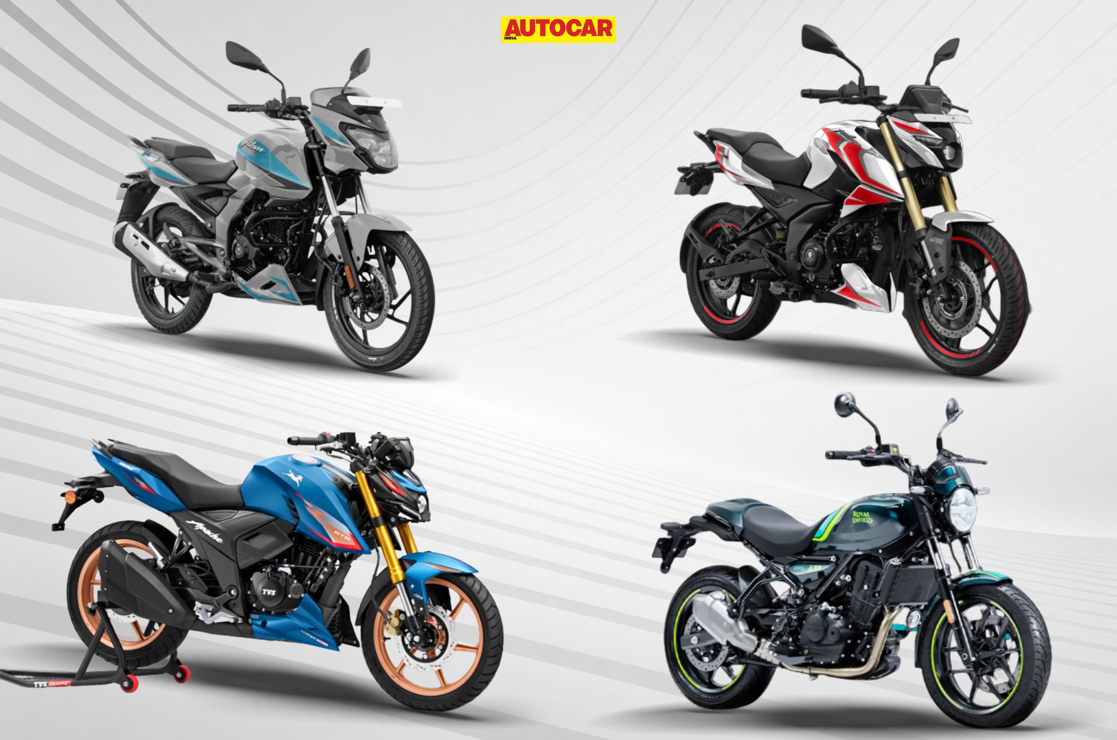 Bajaj Pulsar 125, Pulsar N160 SS, Royal Enfield Guerrilla 450 Apex, and TVS Apache RTR 160 4V in clockwise direction.