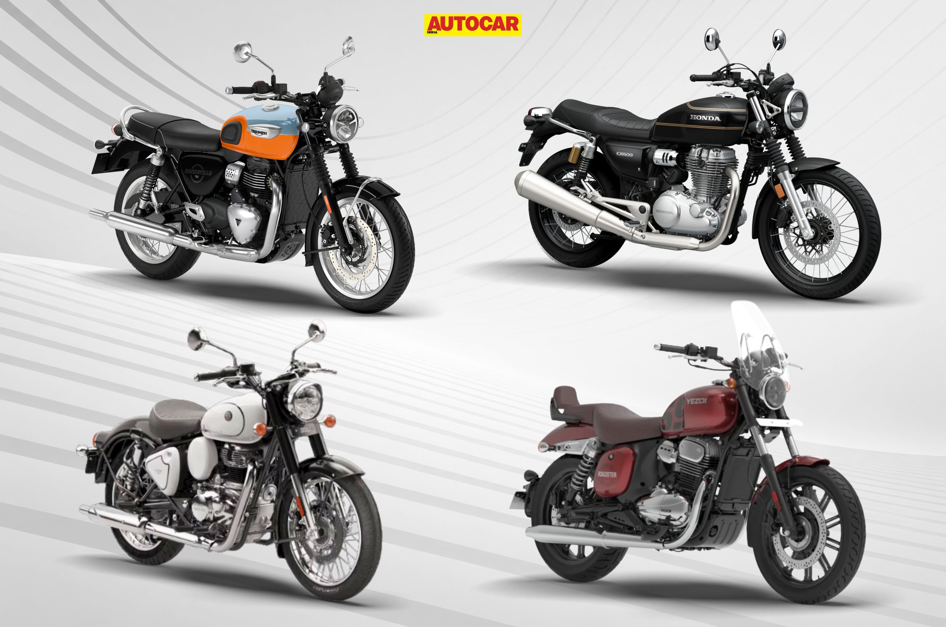 Triumph Bonneville T40, Honda CB500, Yezdi Roadster, and Royal Enfield Classic 350 in clockwise direction.