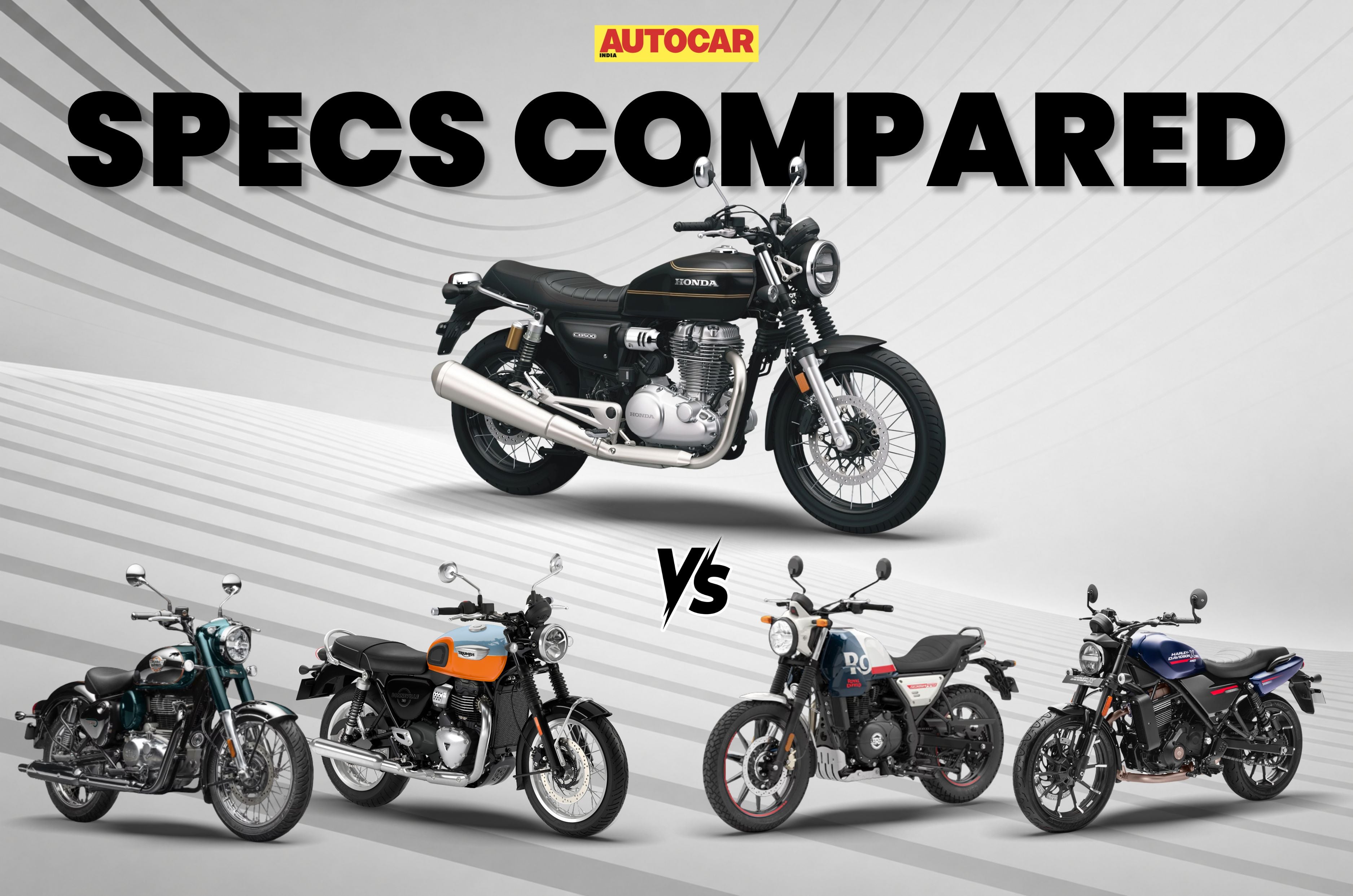 An render showing the spec comparison between the, Honda CB350, Harley-Davidson X440 T, Triumph Bonneville T40, Royal Enfield Scram 440 and Classic 350