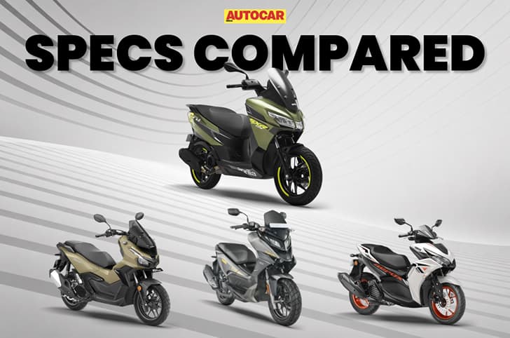 Aprilia SXR GT 175, Yamaha Aerox 155 S, Hero Xoom 160 and Honda ADV160 in clockwise direction.