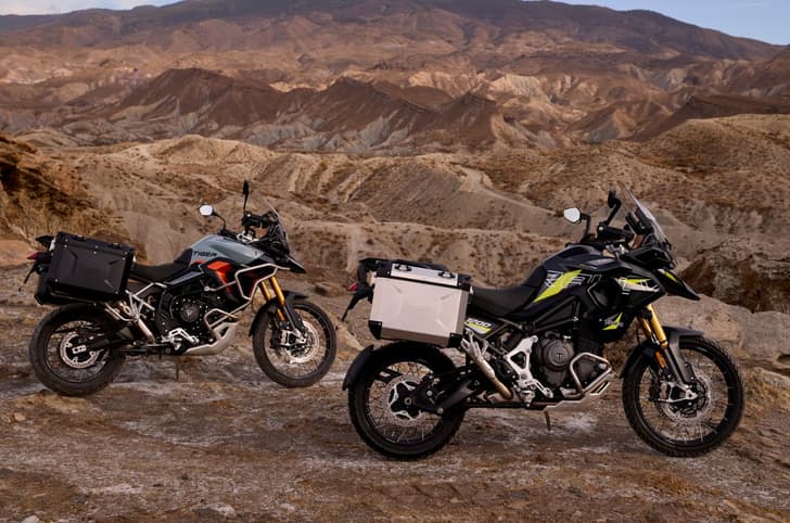 Triumph Tiger 1200 and 900 Desert and Alpine Edition static shot together