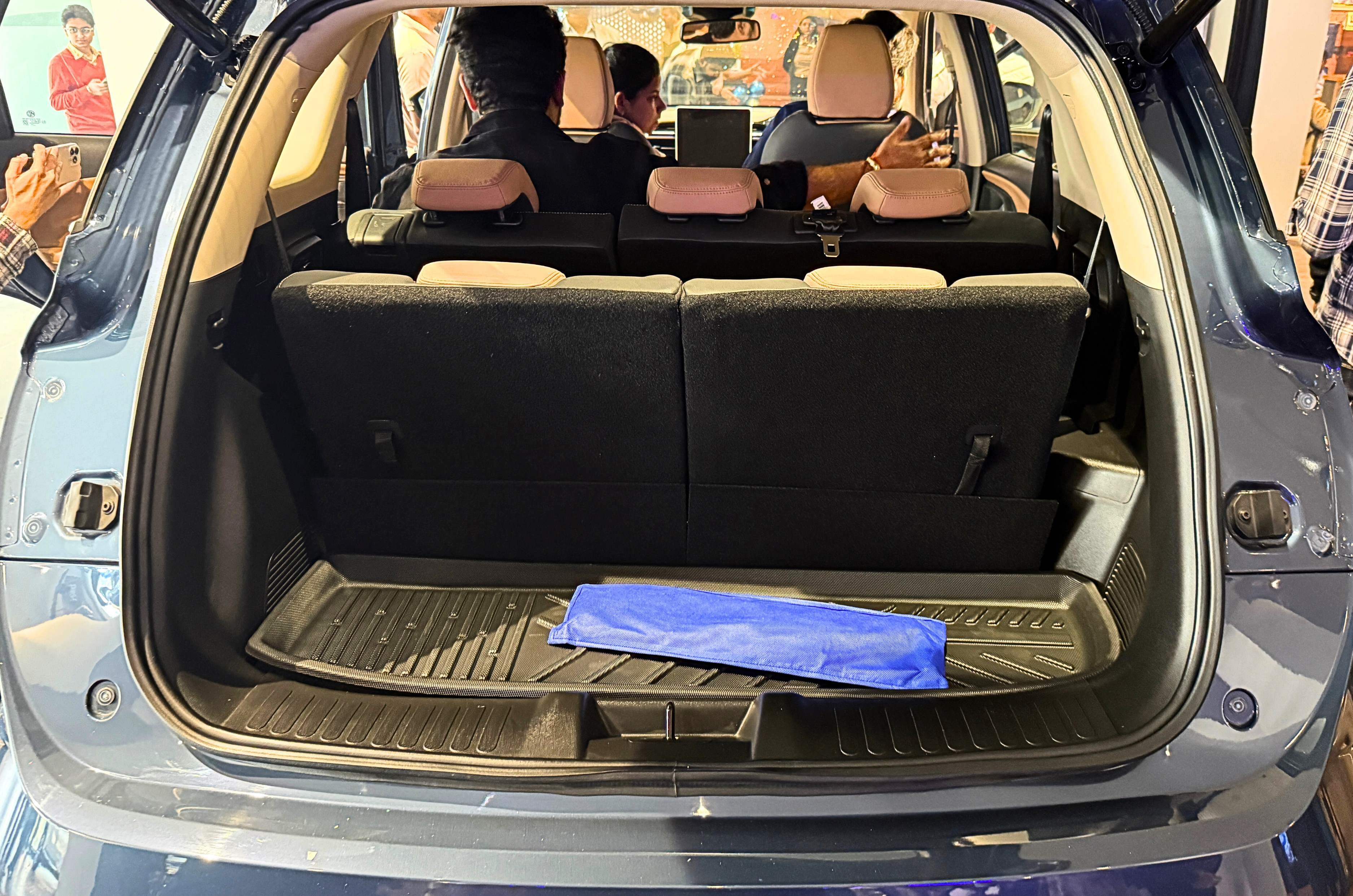 Boot space in the 7-seat Hector Plus is limited with the last row in place.