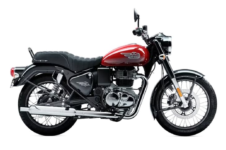 Royal Enfield Bullet 350 military red right side profile static in studio