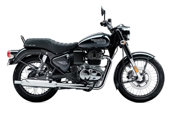 Royal Enfield Bullet 350 military black right side profile static in studio