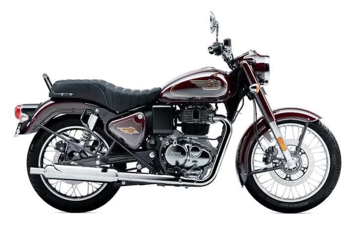 Royal Enfield Bullet 350 standard red right side profile static in studio