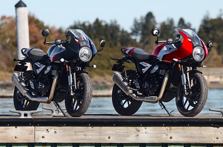 The Thruxton 400 is the sportiest 400cc Bajaj-built Triumph model. Triumph Thruxton 400 red and black front right side static image at pier