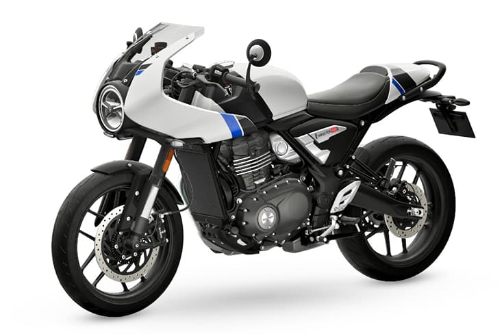 The 398cc, single-cylinder, liquid-cooled engine makes 42hp and 37.5Nm of torque here. Triumph Thruxton 400 white front left side static image in studio